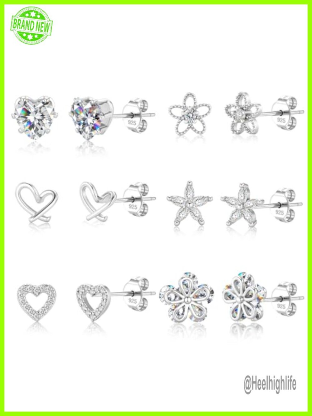 14k White Gold Plated Sterling Silver Post Hypoallergenic Stud Earrings Set